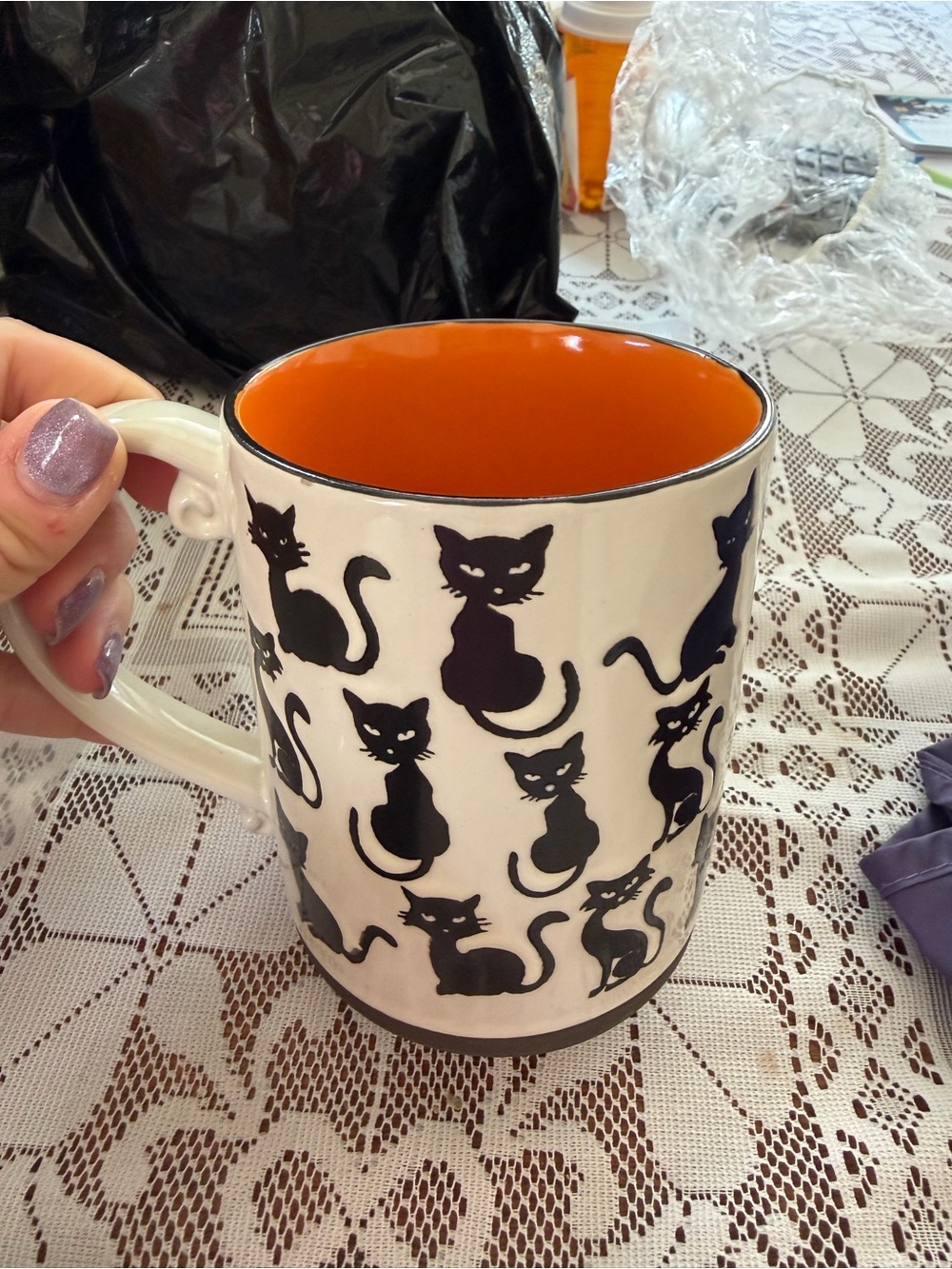 Black Cat Pattern Ceramic Mug with Orange Interior